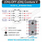 Carling Contura V switch body rear pinout diagram showing terminal numbers, +IN/+OUT, NEG and lamp wiring.