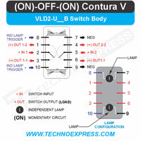 Carling Contura V switch body rear pinout diagram showing terminal numbers, +IN/+OUT, NEG and lamp wiring.