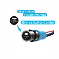 Round metal panel switch with black etched cap reading LIVEWELL AFT and fish icon, blue connector and wires