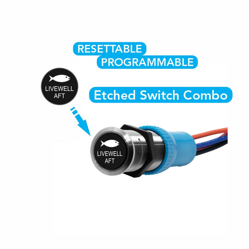 Round metal panel switch with black etched cap reading LIVEWELL AFT and fish icon, blue connector and wires