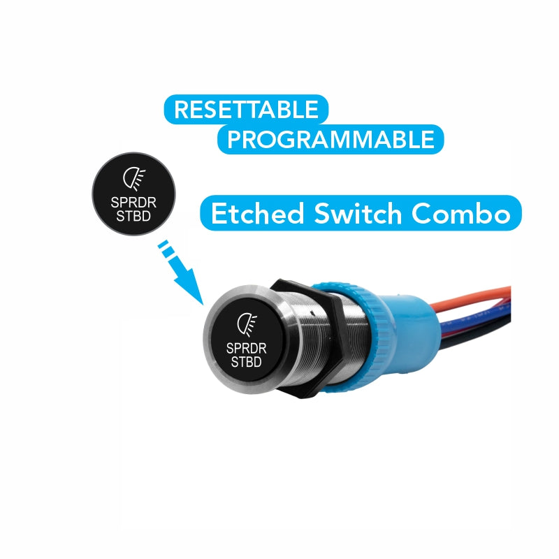 Bluewater SPREADER STBD etched switch actuator with light symbol and SPRDR STBD label