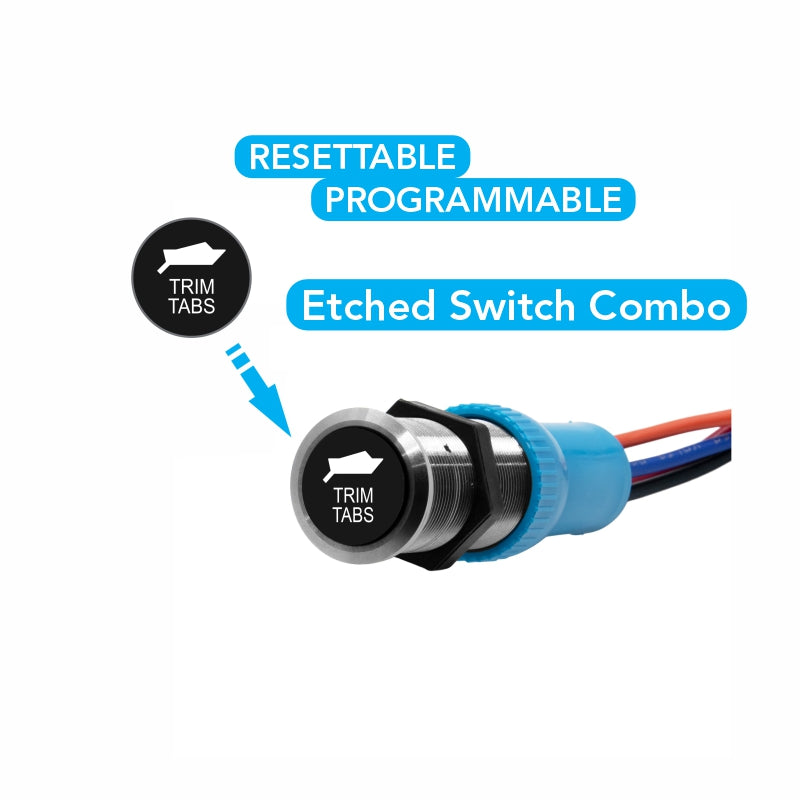 Bluewater Trim Tabs etched switch actuator with black labeled button and stainless bezel