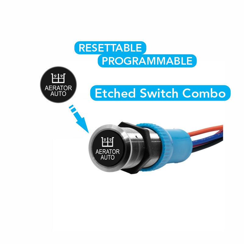 Bluewater AERATOR AUTO etched switch actuator with black labeled button and stainless bezel