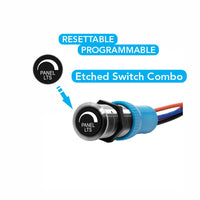 Bluewater PANEL LTS etched pushbutton switch with stainless bezel and attached wiring
