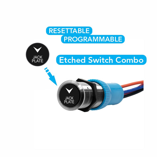 Bluewater etched JACK PLATE down switch actuator with black labeled button and stainless bezel