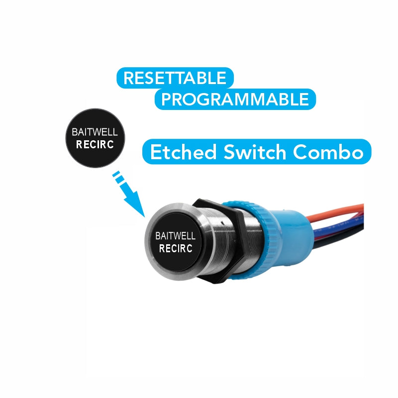 Close-up of BAITWELL RECIRC etched switch showing face label, threaded body, nut and wiring.