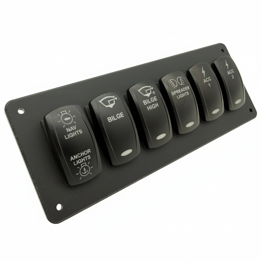A black marine toggle switch panel with six rocker switches labeled for anchor lights, bilge lights, anchor chain light, alternator, and accels.