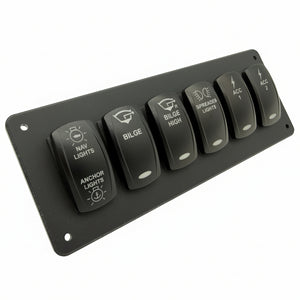 A black marine toggle switch panel with six rocker switches labeled for anchor lights, bilge lights, anchor chain light, alternator, and accels.