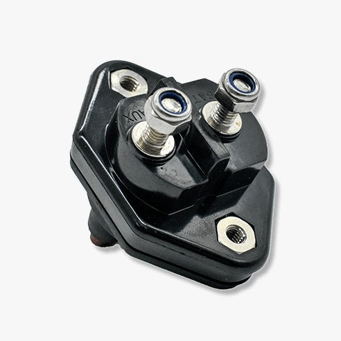 Bluewater panel-mount circuit breaker, angled close-up showing dual stud terminals and mounting holes