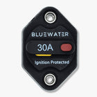 Bluewater 30A panel-mount circuit breaker labeled Ignition Protected with red reset tab