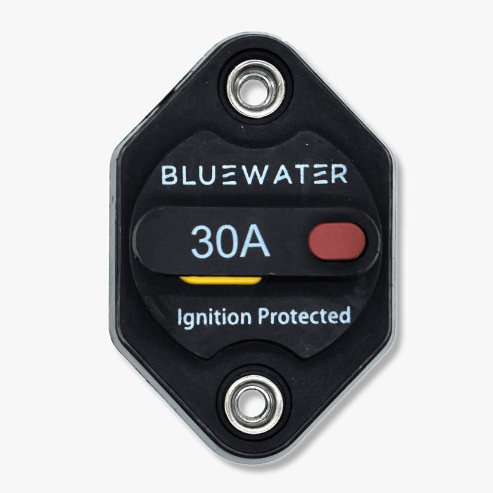 Bluewater 30A panel-mount circuit breaker labeled Ignition Protected with red reset tab