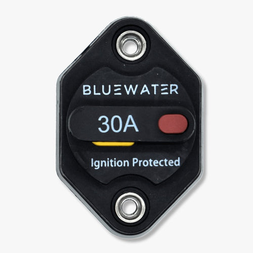 Bluewater 30A panel-mount circuit breaker labeled Ignition Protected with red reset tab