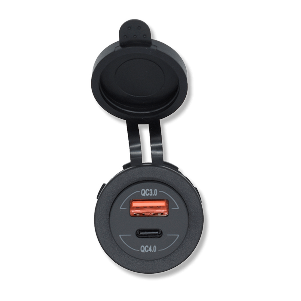 Bluewater round dual USB charger with USB-A (QC3.0) and USB-C (QC4.0) ports, hinged cap