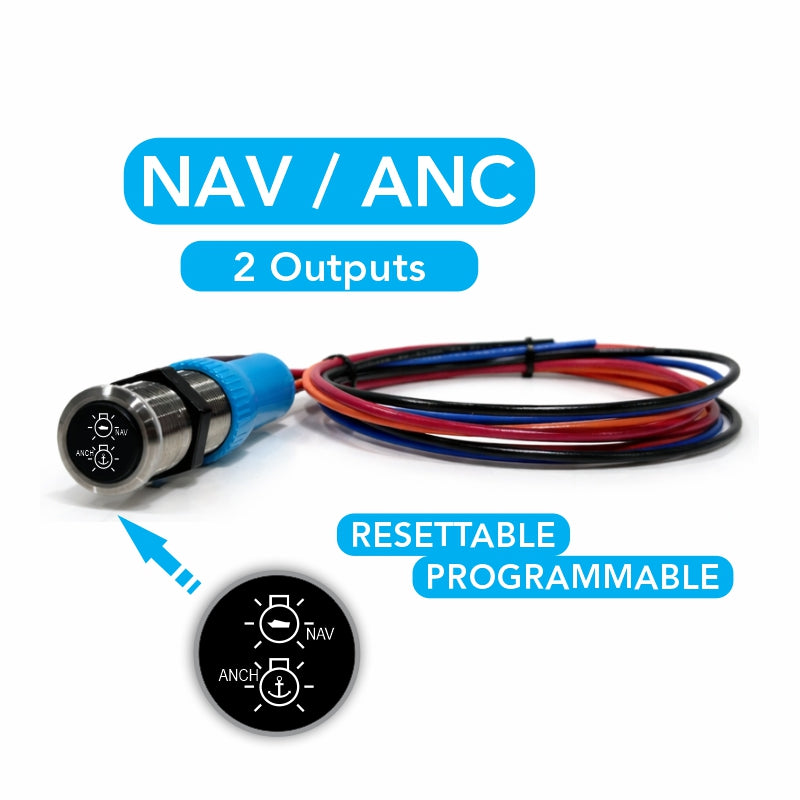 Nav/Anc light rear connector and wiring: mounting nut, blue strain-relief, coiled wires and face icons
