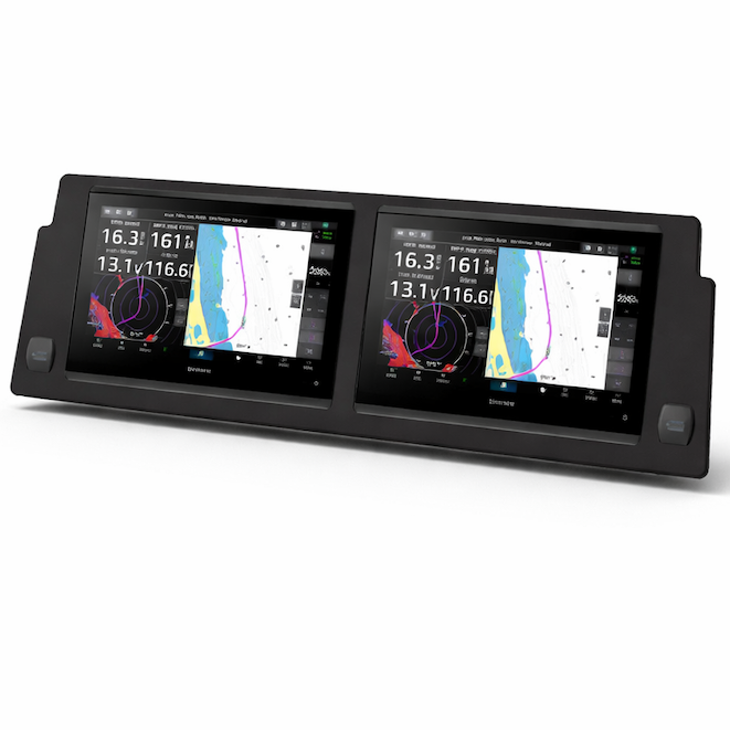 Sportsman 247 dash, angled view showing dual touchscreens with chart readouts and side control buttons.