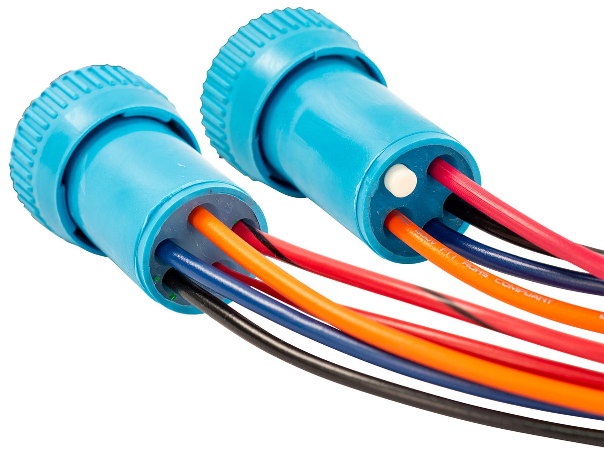 Bluewater 22mm push-button switch rear view showing plastic housings and multi-color wiring.