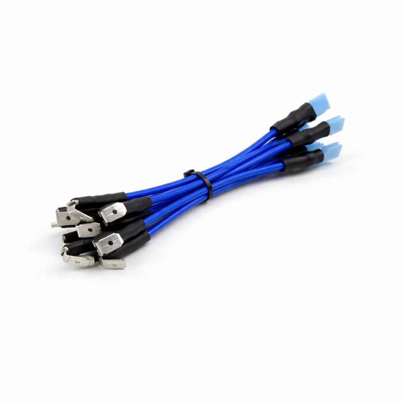 Side view of bundled blue 14 AWG marine jumper wires showing metal spade terminals and insulated female ends