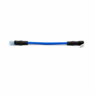 Blue 14 AWG marine jumper, side view showing quick-disconnect at left and angled spade terminal at right