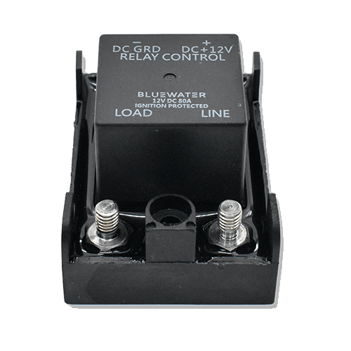 Bluewater 12V DC relay in black plastic housing with two terminal studs, labeled LOAD/LINE