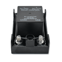 Bluewater 12V DC relay in black plastic housing with two terminal studs, labeled LOAD/LINE