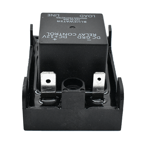 Bluewater 40 Amp sealed relay rear view showing dual spade terminals and mounting base with center screw hole